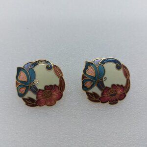 Vintage Gold Tone & Enamel Cloisonné Flower Butterfly Pierced Earrings
